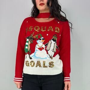 Hooked Up "#Squad Goals" Red Ugly Christmas Sweater Sequins